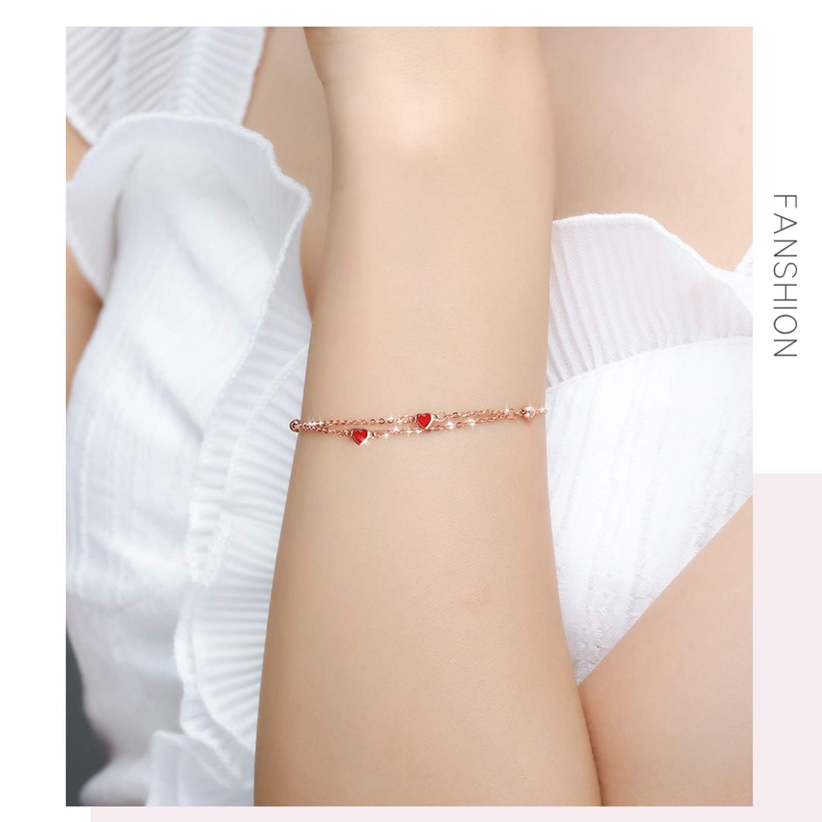 Armbänder für Damen, Roségold 18 Karat, Doppelkette mit Herzen und Perlen, Armbänder für Damen, 16+2 cm