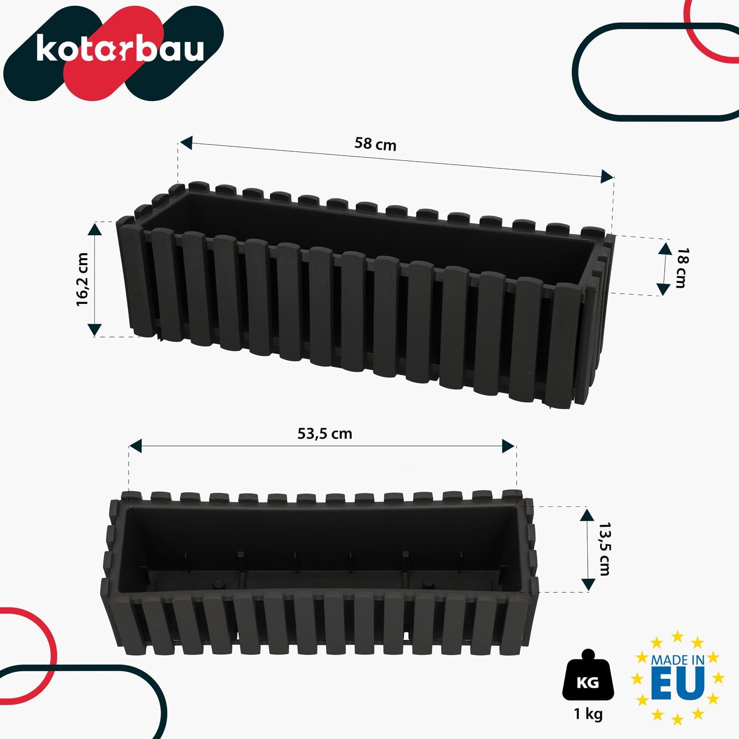 KOTARBAU® 6 pz Fioriera da Esterno - Vaso Fiori - Plastica - 58 x 18 x 16 cm - Grigio - Fioriera da Balcone - Vaso Rettangolare da Esterno - Vasi per Piante