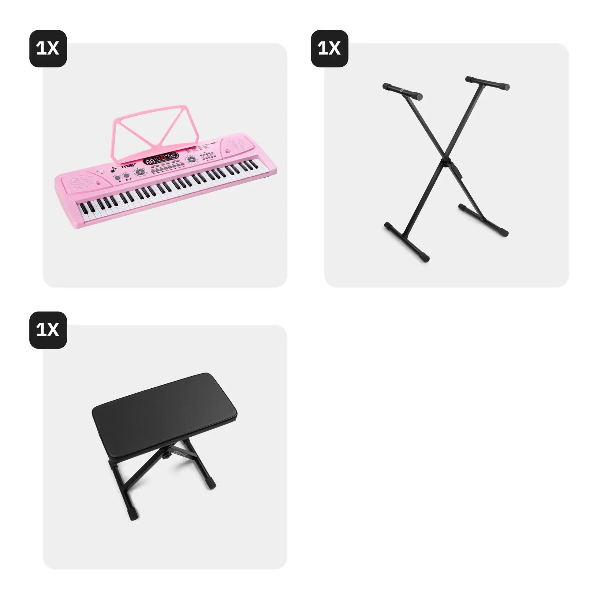 MAX KD61P – Piano infantil digital 61 teclas con soporte y banqueta, batería recargable, micrófono, grabación, display LED, ritmos y acordes, ideal teclado musical para niños y principiantes