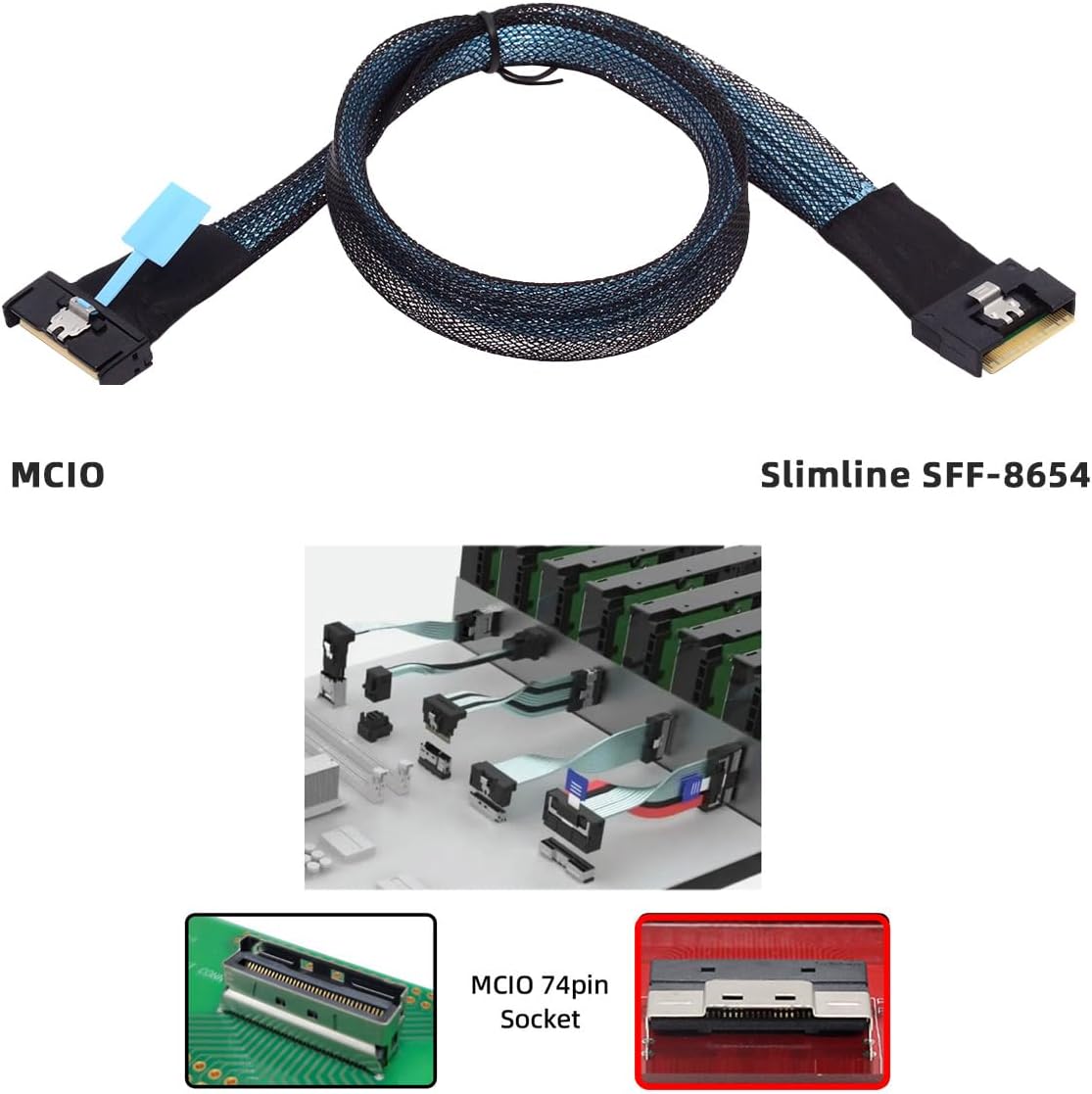PCI-E 5.0 Mini Cool Edge IO MCIO PCI-E 8i 74Pin Male to Slimline SFF-8654 SAS 4.0 74Pin Male Extender Cable 50cm