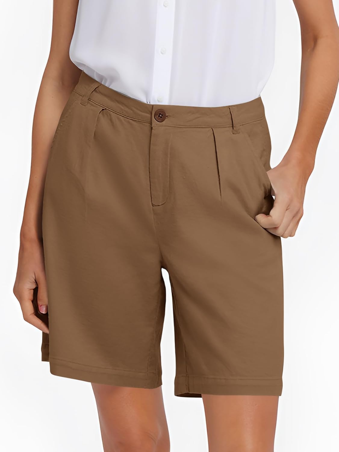 YKR Bermuda Shorts for Women Dressy Elastic High Waisted Knee Length Shorts Casual with Pockets - Image 3