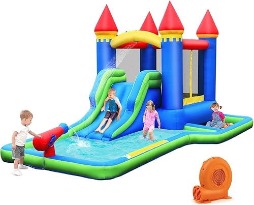 Miniatura 10 de BOUNTECH Tobogán acuático inflable, casa de rebote de agua con tobogán y hoyo de pelotas combo húmedo y seco para niños diversión en el patio
