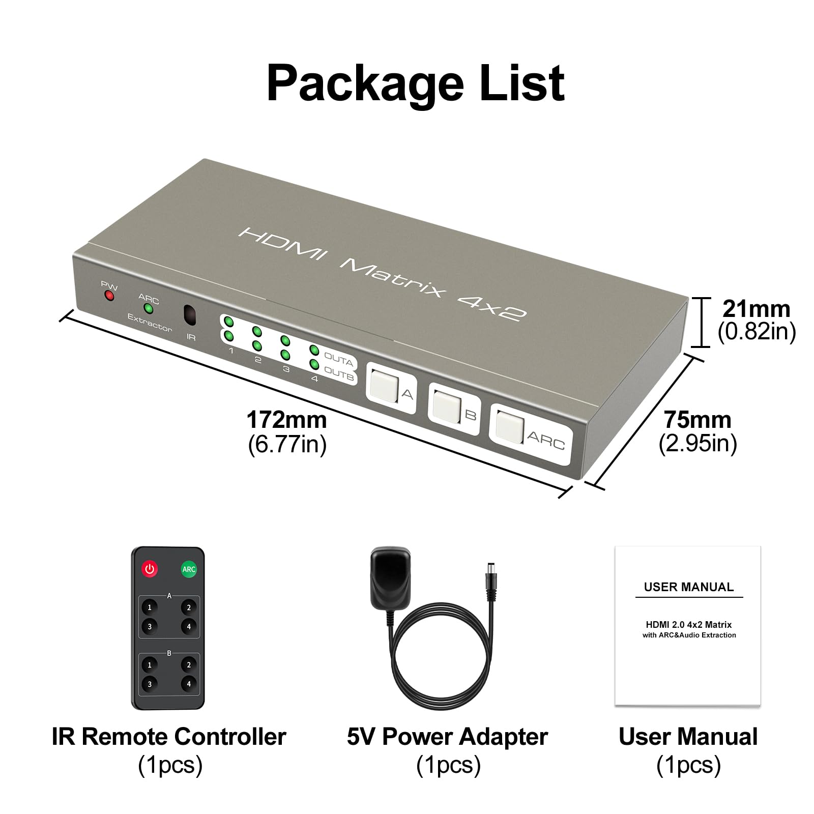 HDMI Matrix Switch 4K60Hz 4 in 2 Out Switcher Splitter Optical 3.5mm AUX Audio Output con IR Remote Supporta ARC 4K 3D e 1080P HDR Vision Atmos 18Gbps with EDID HDCP 2.2