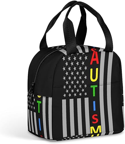 Autism Awareness Puzzle USA Flag Lunch Box for Women Men Insulated Lunch Bag Reusable Lunch Tote Bag Lunch Container