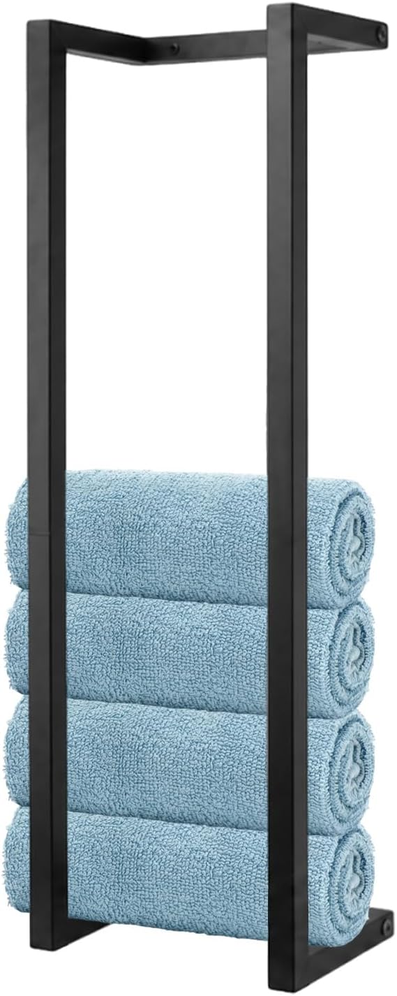 30 Inch Wall‑Mounted Metal Towel Rack for Rolled Towels, Matte Black Vertical Bathroom Towel Storage Organizer, Space‑Saving Square Towel Holder for Small Modern Bathroom & Guest Washroom
