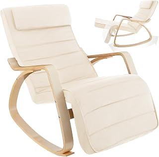 tectake® Schaukelstuhl mit Armlehnen aus Birkenholz, Relaxsessel mit 5-Fach Verstellbarer Fußsstütze, bis 150 kg belastbar, mit Polster, Sessel für Wohnzimmer, Schaukelsessel, Fernsehsessel - beige
