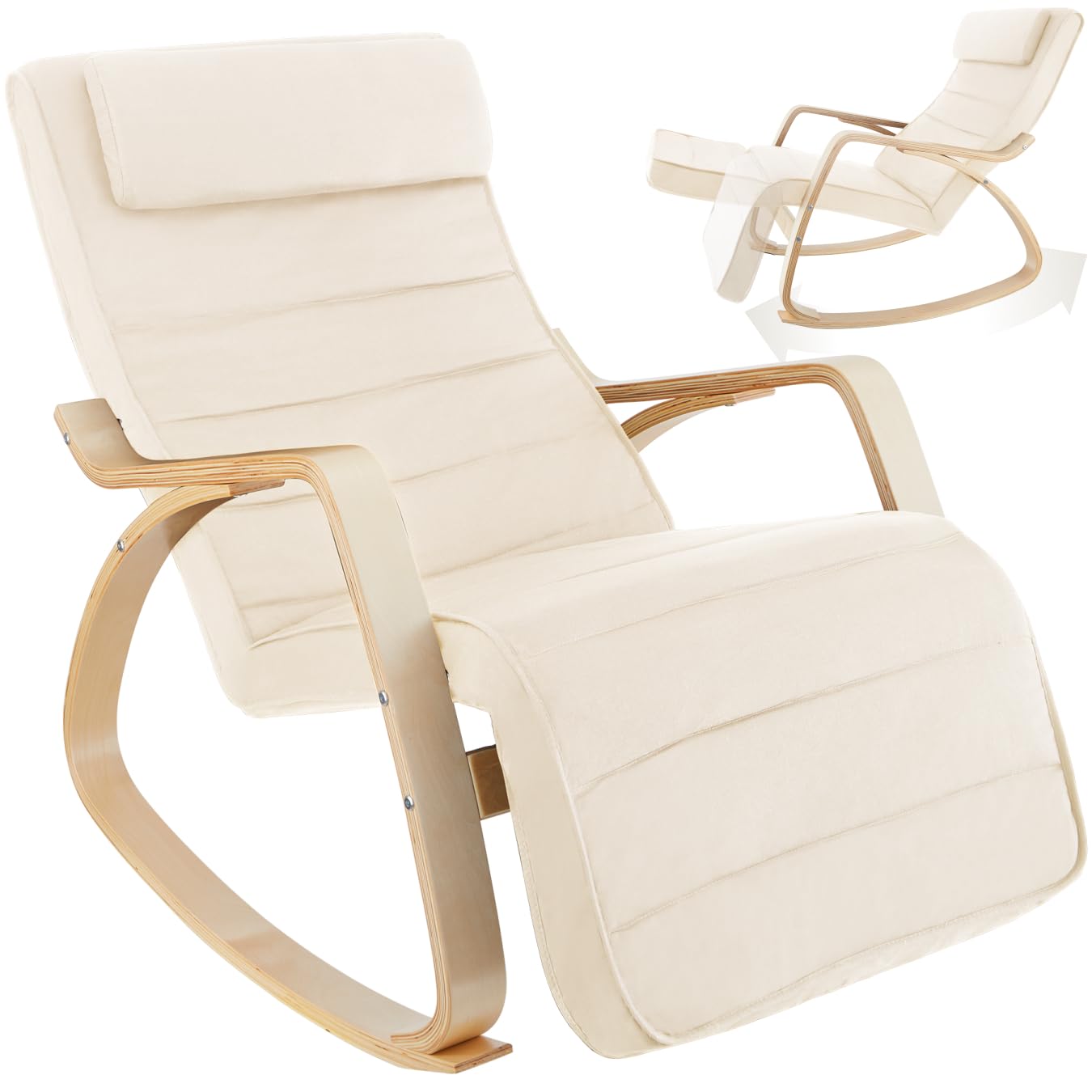 tectake® Fauteuil à Bascule avec Accoudoirs & Repose Pieds Réglable en 5X Rocking Chair Fauteuil Relax rembourée Cadre en Bois Fauteuil Salon Veranda, Chaise Ergonomique idéal Détente, Allaitement