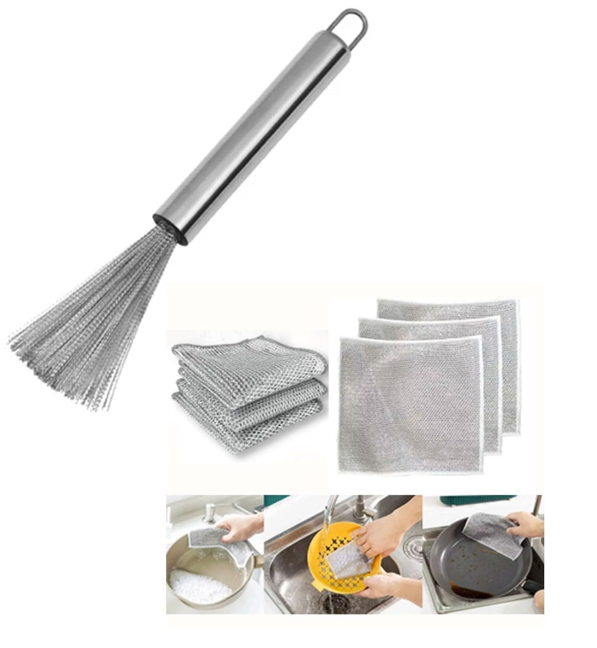 Stainless Steel Kitchen Pot/Pan Cleaning Brush Cookware Scrubber with Handle + (Pack of 3) Non-Scratch Double Sided Steel Wire Dishwashing Cloth Scrubber for Wet and Dry. (B0D3HYS8PX) Amazon Price History, Amazon Price Tracker