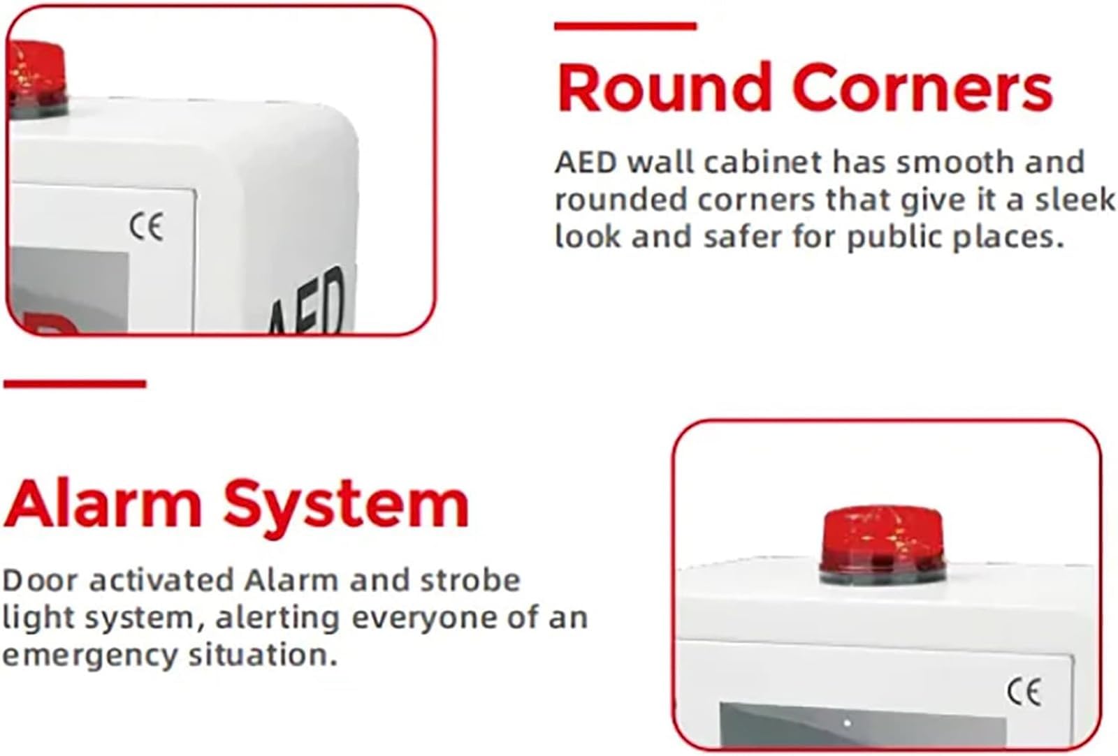 AED-Schrank, AED-Defibrillator-Aufbewahrungs-Wandschrank mit dreieckigem Schloss und 2 Schlüsseln, 1,2 mm Stahl und Alarmsystem, für Zuhause/Büro/Krankenhaus/öffentliche Orte