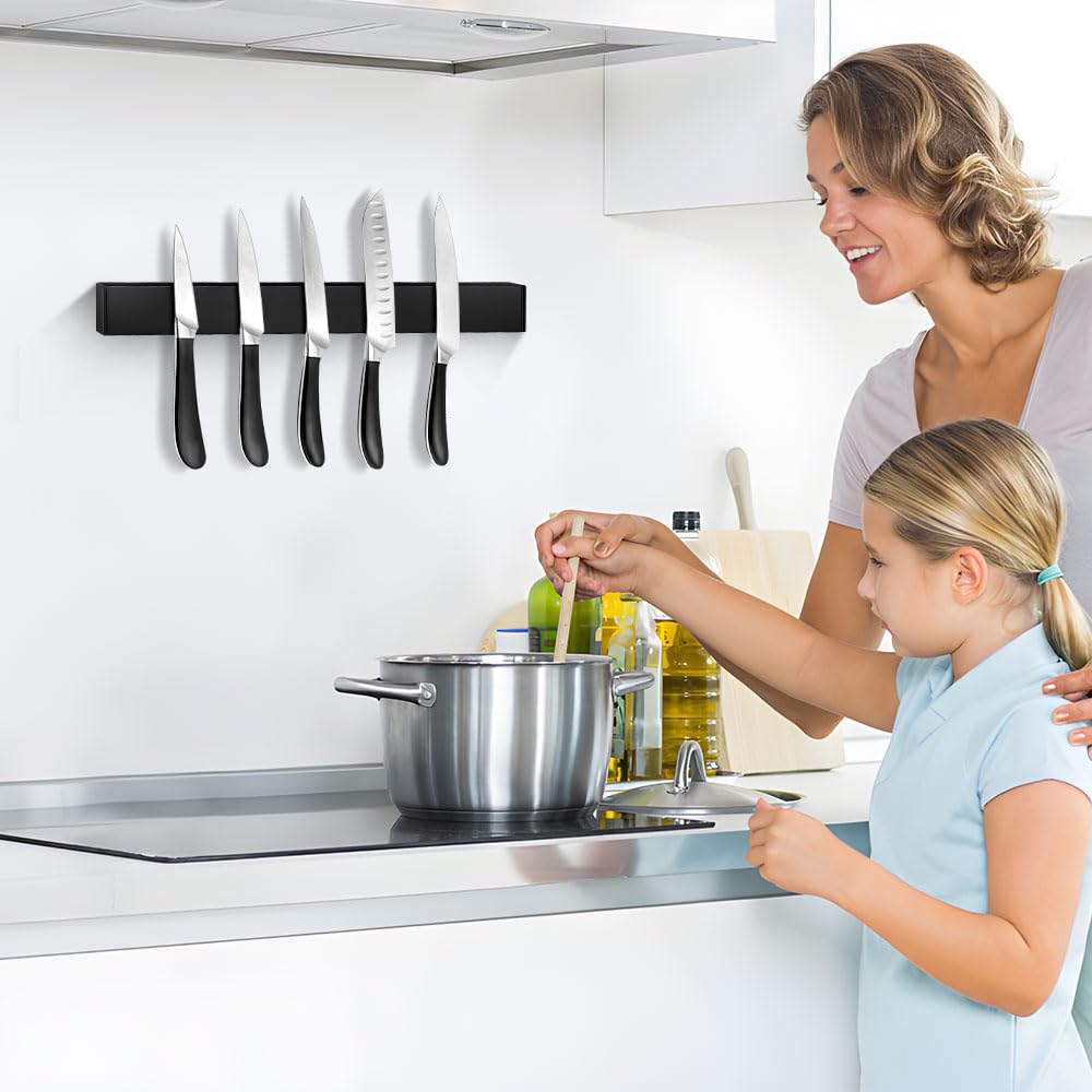 40cm Iman Cuchillos de Cocina, Negra Soporte Magnético Cuchillos Acero Inoxidable Cuchillero Magnético Puede sin Taladrar, Soporte Cuchillos Cocina para Espátulas, Tijeras