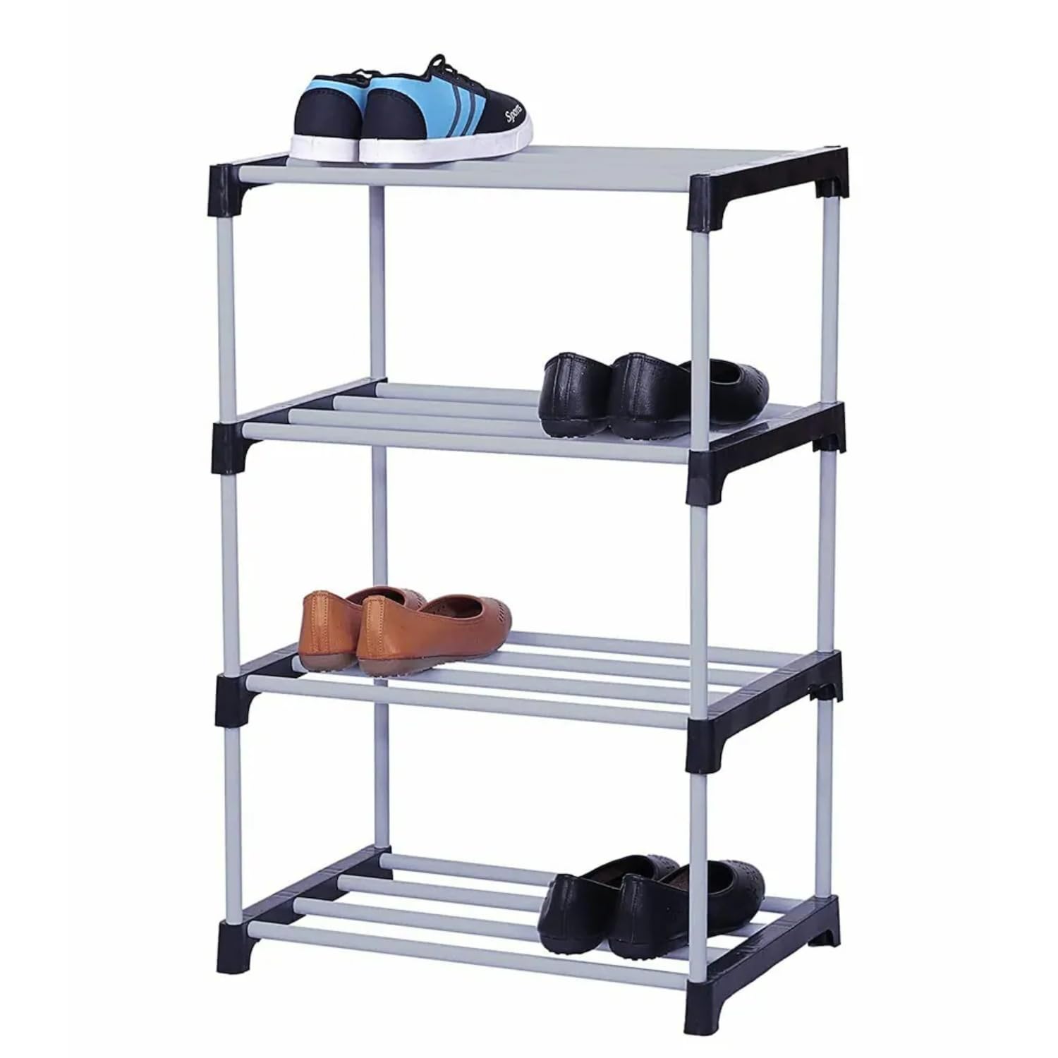 EASY BUYEASY BUY 4 Shelves Shoes Rack for Home Plastic, 4 Tier Shoe Rack with Shelf, Folding for Bedroom, Book Shelf, Footwear Stand (Black)