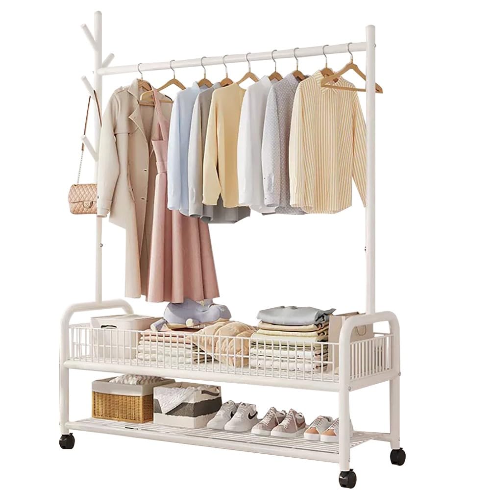 FGXHHS Industrial Coat Rack Stand with Shoe Storage, Sturdy Steel Frame, Hall Tree Hooks & Shelves, Mobile Clothes on Castors, 90/120CMx35CMx176CM, Supports 100kg