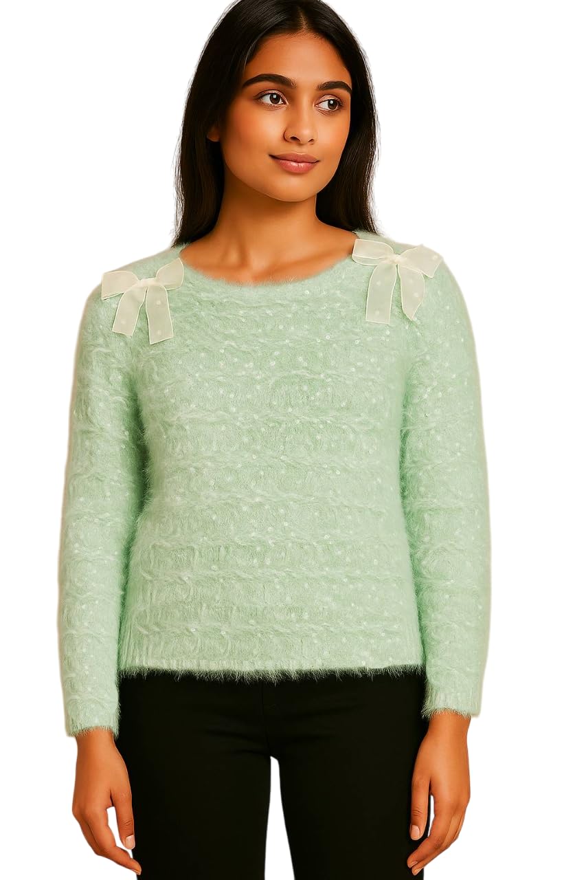 Soft Knit Sweater with Bow Details, Long Sleeve Fuzzy Pullover in Winter Top-image-0