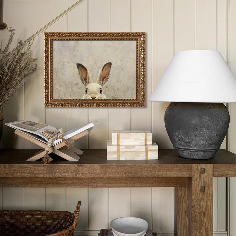 Gold Framed Easter Vintage Aesthetics Wall Art Cute White Rabbit Poster For Religion Believers Room Decor-Christianity Print Picture For Church Decor