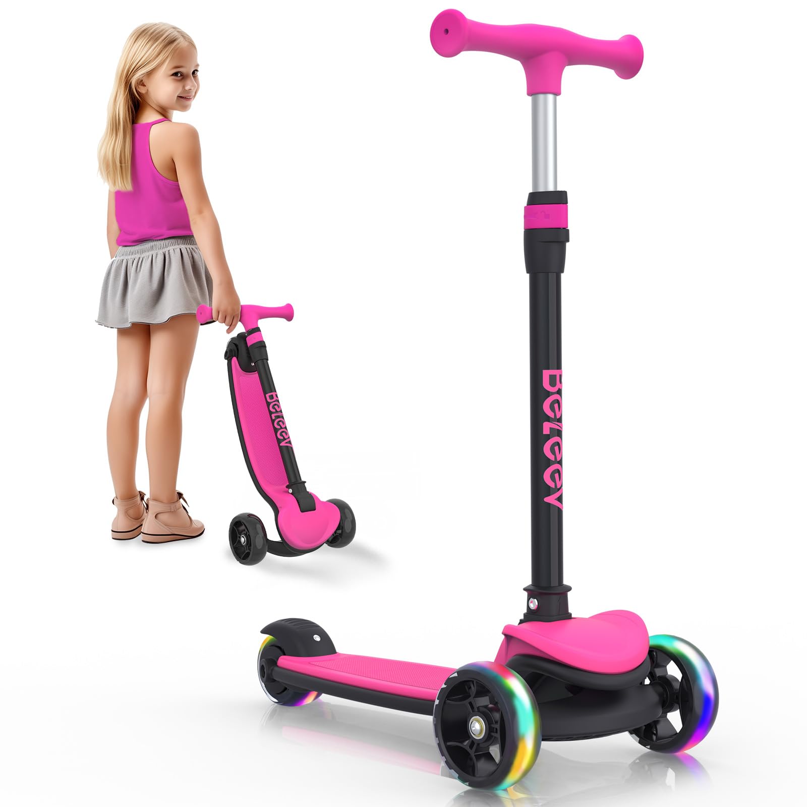 BELEEV A8 Scooter for Kids Ages 3-12, 3 Wheel Folding Scooter for Toddlers Girls Boys, LED Light-Up Wheels, 4 Adjustable Height, Lean to Steer, Extra Wide Wheels, Three Wheel Kick Scooter for Children