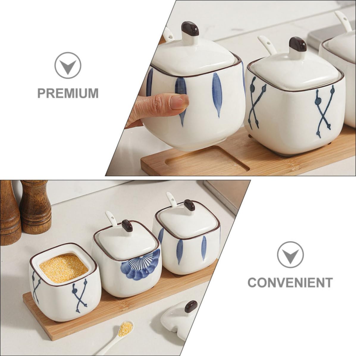 Set di Tre Barattoli di Ceramica per Spezie con Coperchio e Vassoio