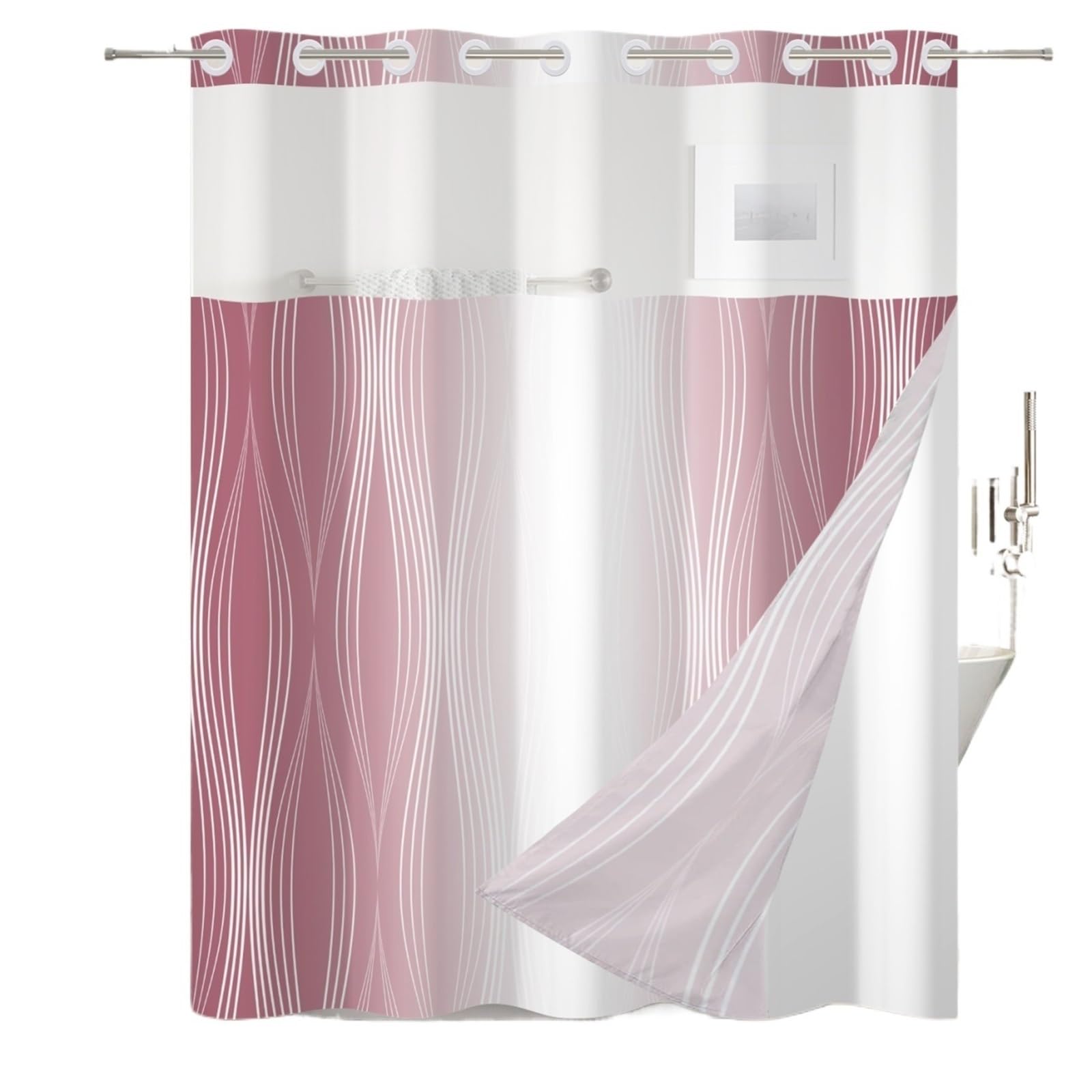 MZSKLW Shower Curtain Solid Color Gradient Shower Curtain Striped Hookless Double Layer With Snap In Removable Liner For Bathroom Bathtubs