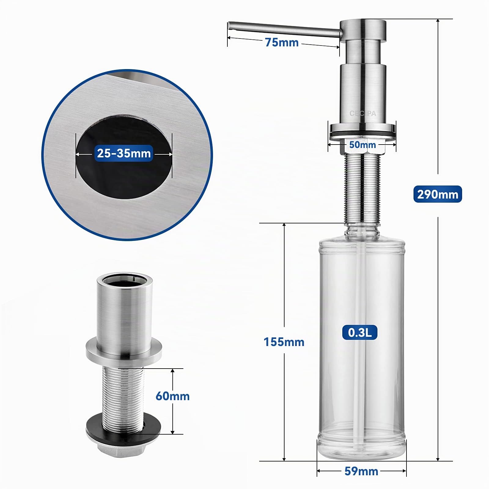 CEICPA,Dispensador de jabón para Cocina, dispensador de jabón para Fregadero con Botella de 500 ml y Manguera de extensión de 1.2 m, Bomba giratoria de 360°, Cepillado