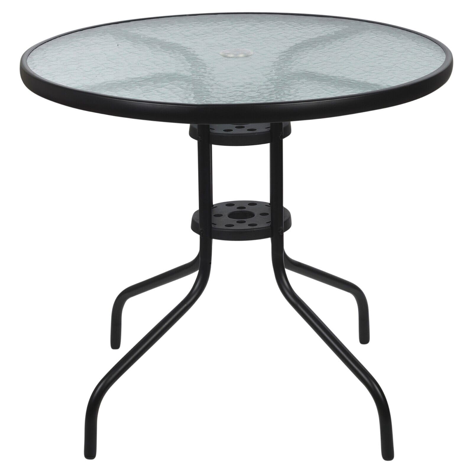 URBNLIVING Round Black Metal & Decorative Glass Garden Patio Bistro Side Table Parasol Hole