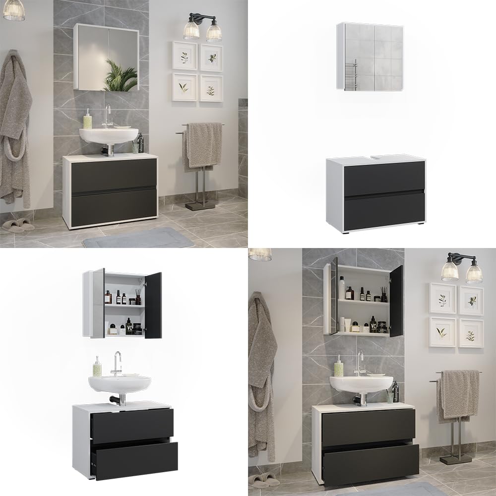 Vicco Badmöbel-Set Maltin, Weiß/Anthrazit, 80 cm, besteht aus Badspiegel und Waschbeckenunterschrank