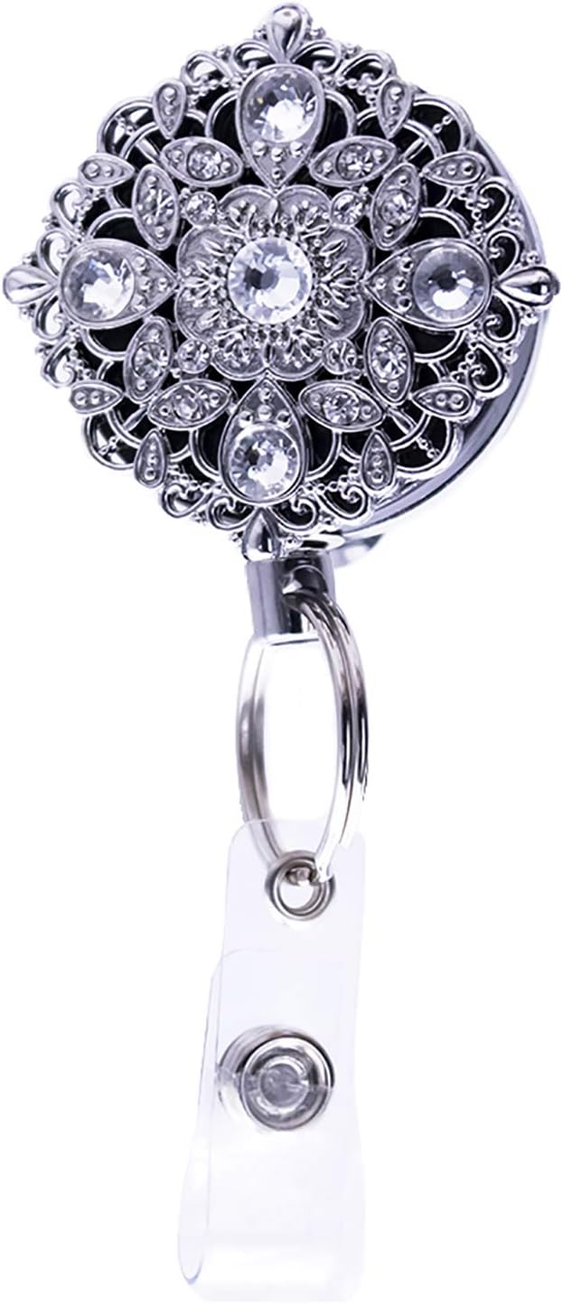 LARAINE Badge Reel Holder Retractable Metal Clip ID Card & Key Holders Carabiner Rhinestones Pearl Bird Shape 1.7โ (Flower Silver)