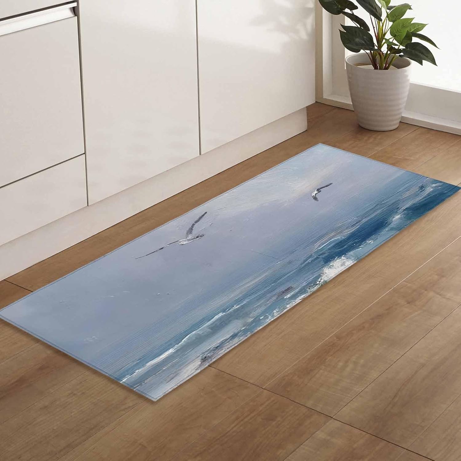 Teamery Kitchen Mats for Floor Coastal Seagulls Blue Crashing Waves Washable Non Slip Kitchen Rugs 1PCS, Rustic Seafoam Absorbent Standing Mats for Sink Bathroom Office Living Room 23.6x70.9in