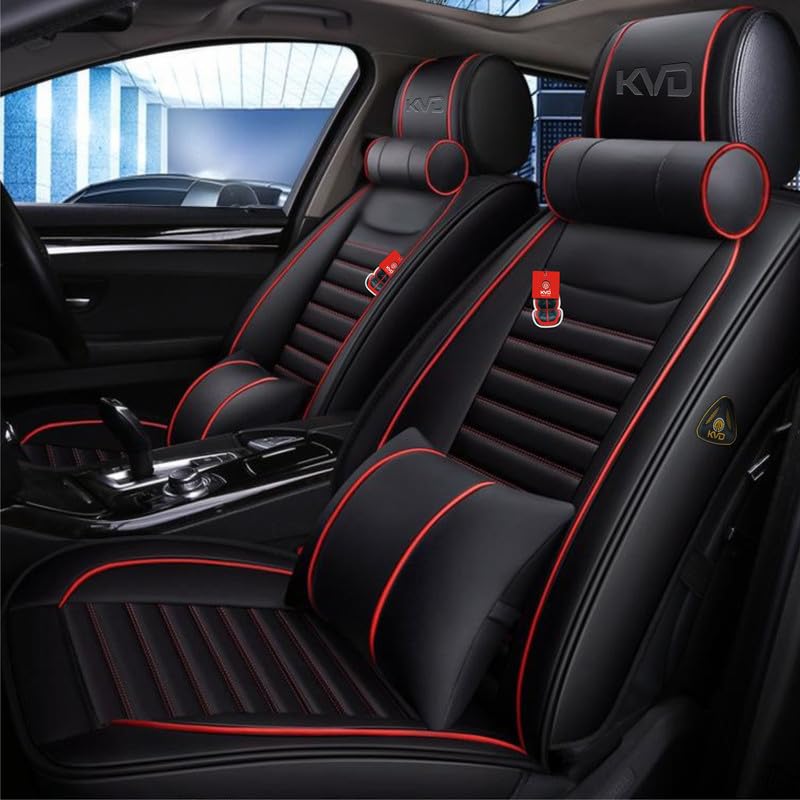 KVD AUTOZONE Heavy Nappa Leather Luxury Car Seat Cover Compatible with Kia Sonet Black + Red Free Pillows and Neck Rest Set (5 Year Warranty) - Dz014/105-image-36