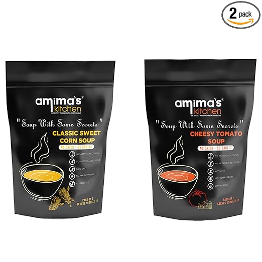 Combo Of Classic Sweet Corn + Cheesy Tomato Jain Soup (No Onion No Garlic) - 100 Grams (Pack of 2) | Instant Soup Mix Powder | Ready To Cook | No Artificial Flavour & Colour | Gluten Free | Non GMO | Healthy Soup