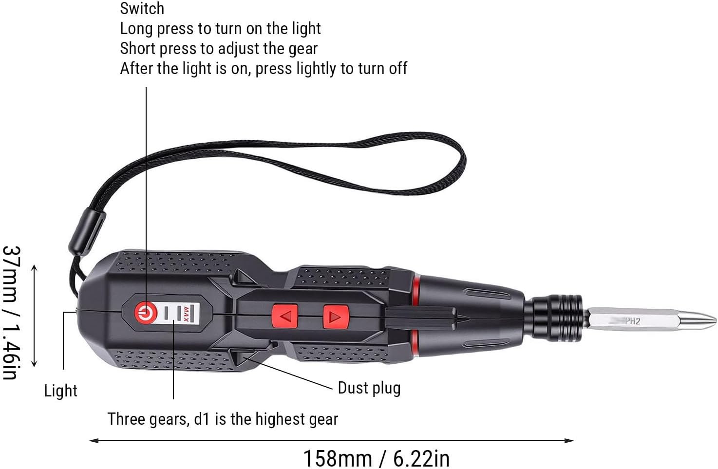 Diagram of YWBL-WH Electric Screwdriver with labels for buttons, light, and dimensions