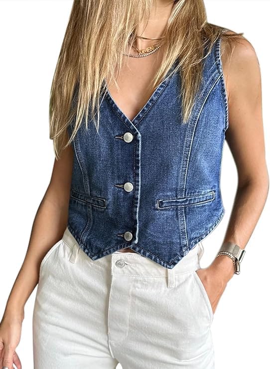 MISS MOLY Casual denim vest voor dames, mouwloos jeansjack met sierzakken, V -hals, vest, jeansvest, collegejas, zwart, XXL