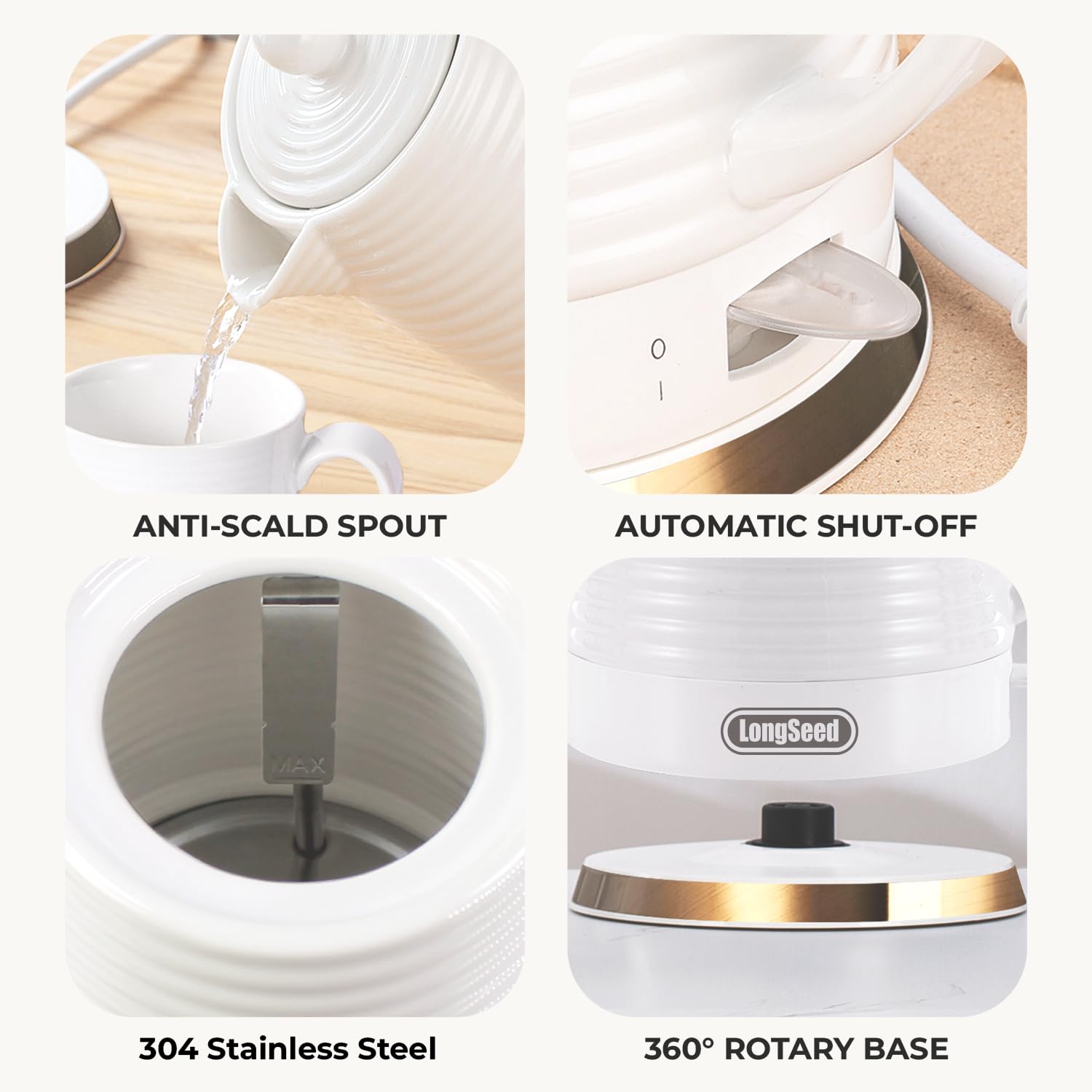 Set bollitore elettrico in ceramica, con infusore e tazze (bianco)