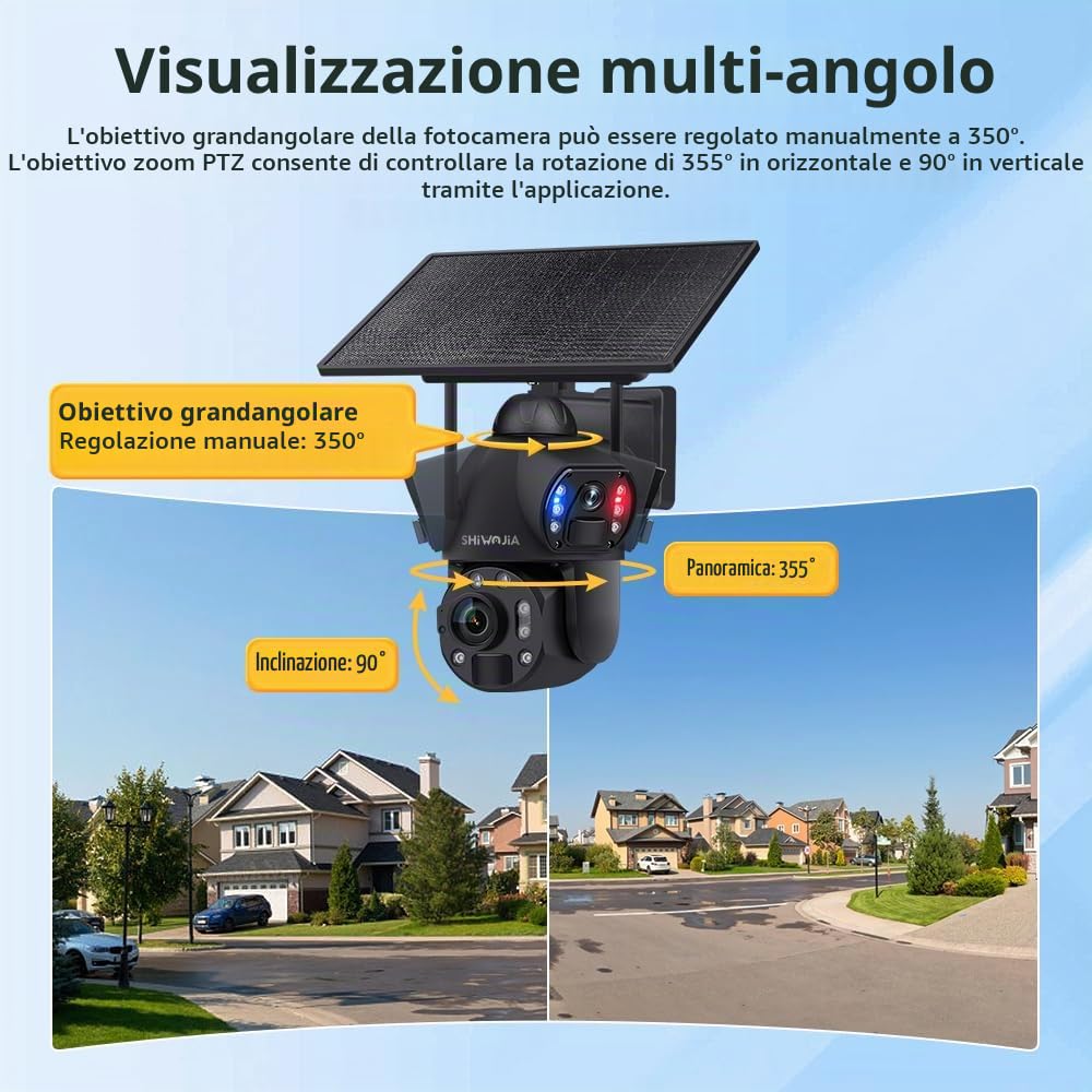 SHIWOJIA 36X Telecamera di Sorveglianza WiFi Esterno, 6 MP 360° PTZ Telecamera Esterna Solare con Doppia Lente, 100m Visione Notturna a Colori, PIR Smart Detection, Audio Bidirezionale