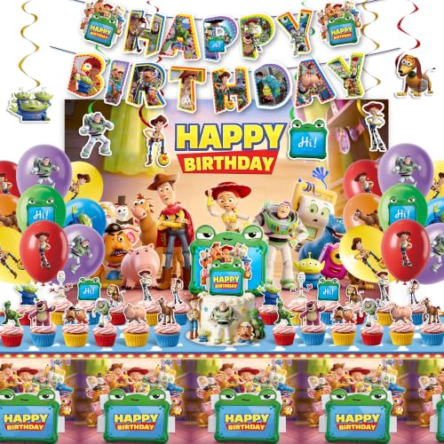 64Pcs Toy Story Birthday Decorations Ultimate Party Supplies Kit Includes Tablecloth Backdrop Banners Balloons Hanging Swirls & Cake Toppers for Themed Boys Girls Kids Party