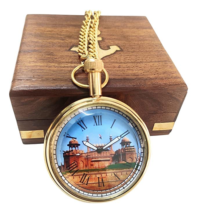 ORFORX Antique Style Beautiful red Fort Design Brass Pocket Watch with Wood Box with Chain Watch for Men and Women