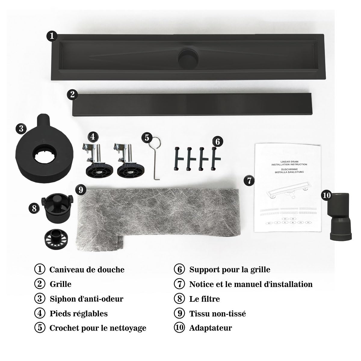 AICA caniveau de douche noir en acier inoxydable italien 2 en 1, siphon de drainage au sol en carrelage, réglable en hauteur avec désodorisant 90 cm