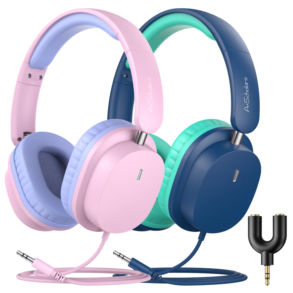 A+ Scholars 2 Pack Kids Headphones with Sharing Splitter, Stereo Sound Over-Ear Wired Headphones for Kids, Comfortable Fit, Foldable,Tangle-Free 3.5mm