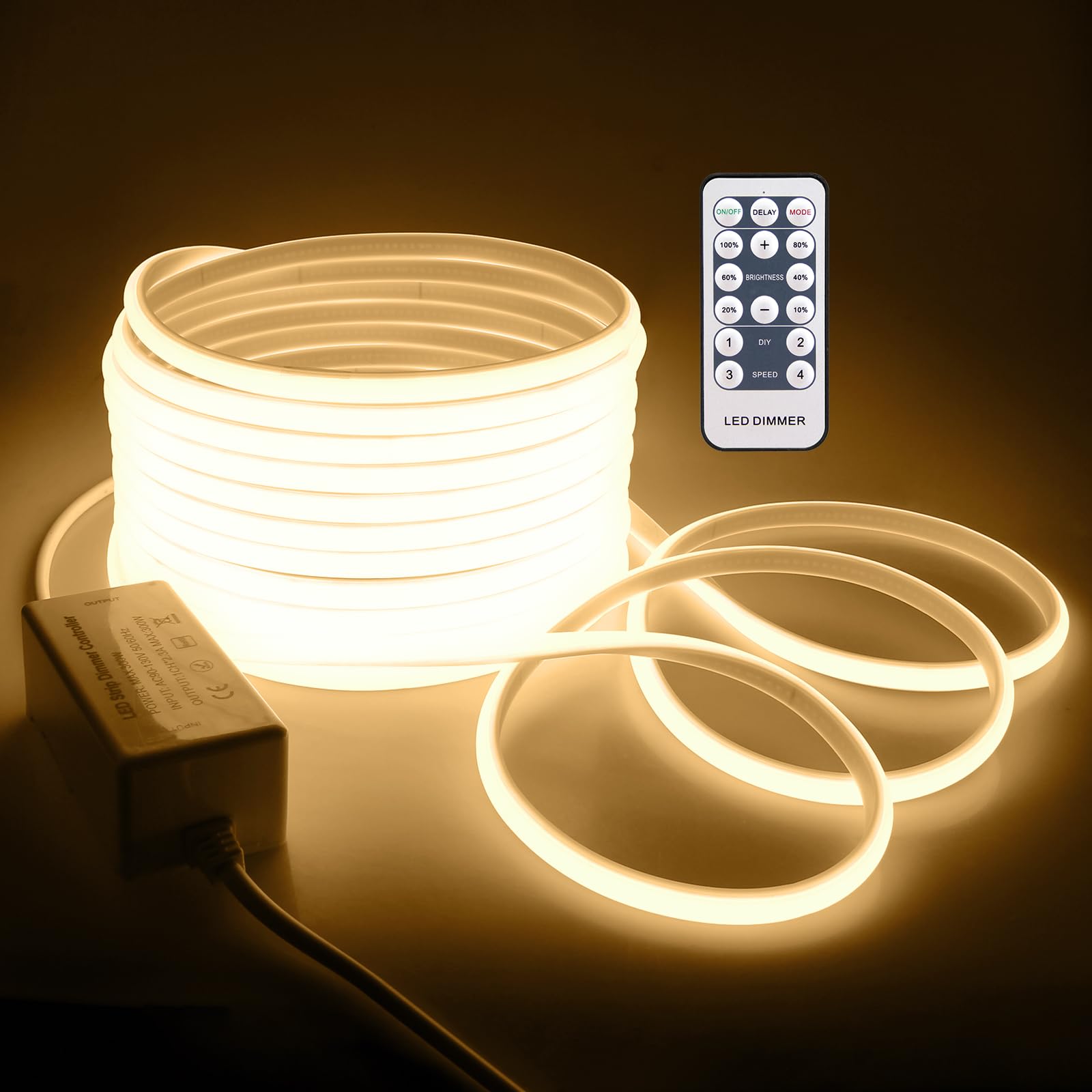Samsion COB LED Rope Lights Outdoor Waterproof 82ft Warm White 3000K Led Strip Lights Waterproof AC 110V/120V Super Brightness Flex Cob Light for