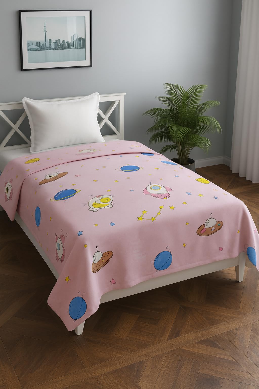 Polycotton Single Bed Quilt Cover/Duvet Cover/Rajai Cover/Blanket Cover with Zipper (60x90 Inches) (Pink UFO)-image-44
