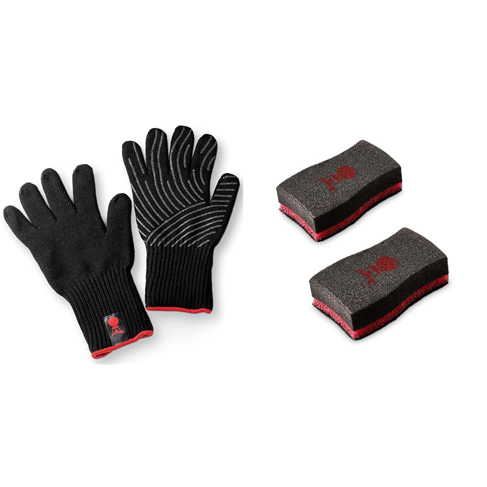 Weber Premium Grillhandschuhe - Größe L/XL, 1 Paar, aus Kevlarmischgewebe & Reinigungsschwamm, 2er Set, mit zwei Seiten für unterschiedliche Oberflächen