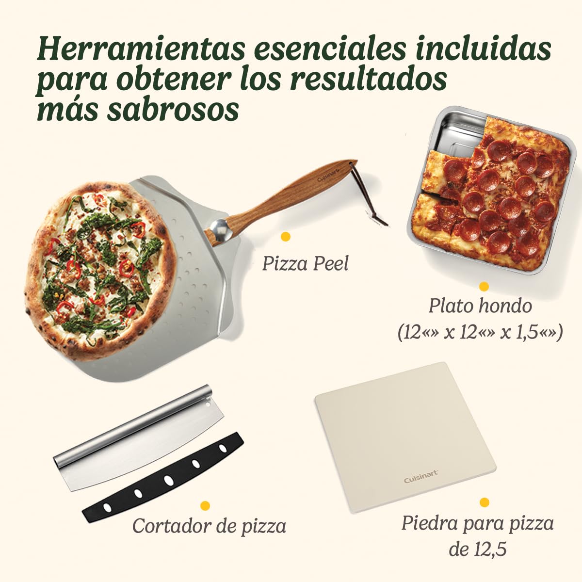 Cuisinart Horno de Pizza | Para uso Interior | Sabor a Leña en 5mins | Kit Completo de Pizza: Pelador de Pizza, Cortador, Piedra y Plato Hondo | Tiempo y Temperatura Ajustables Hasta 400°C, Enchufe EU