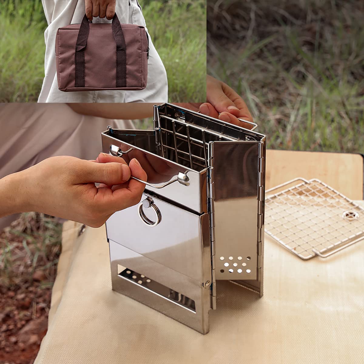 Mini Portable 304 Inoxydable Camping Poêle à Bois, Réchaud de Camping, pour Tentes De Randonnée Cuisinage De Pique-Nique Barbecue,M