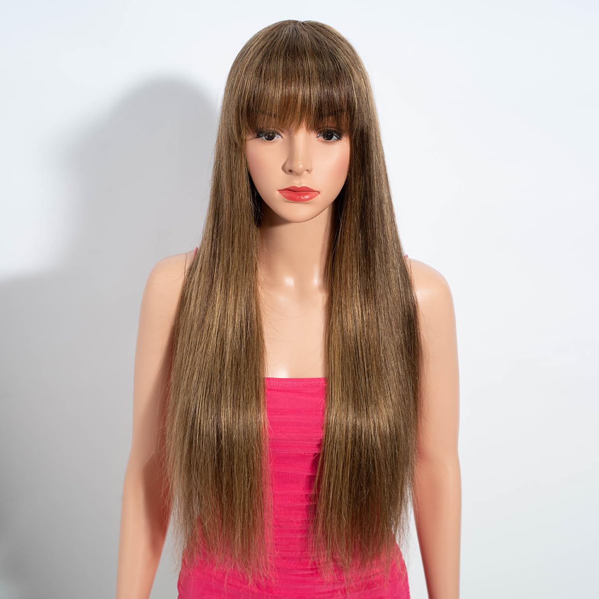 Rebecca Fashion 24 Inch Highlight BlondeStraight Wigs with Bangs Human Hair Wigs for Black Women None Lace Front Wigs 10A Brazilian Virgin Hair Glueless Machine Made Wig