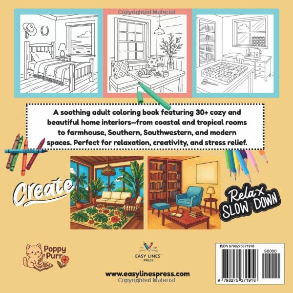 Colorful Rooms of Comfort: A Relaxing Interiors Coloring Book for Adults and Teens: 30+ Cozy, Coastal, Tropical, Southern, Southwestern & Modern Spaces for Stress Relief and Creative Calm image 3