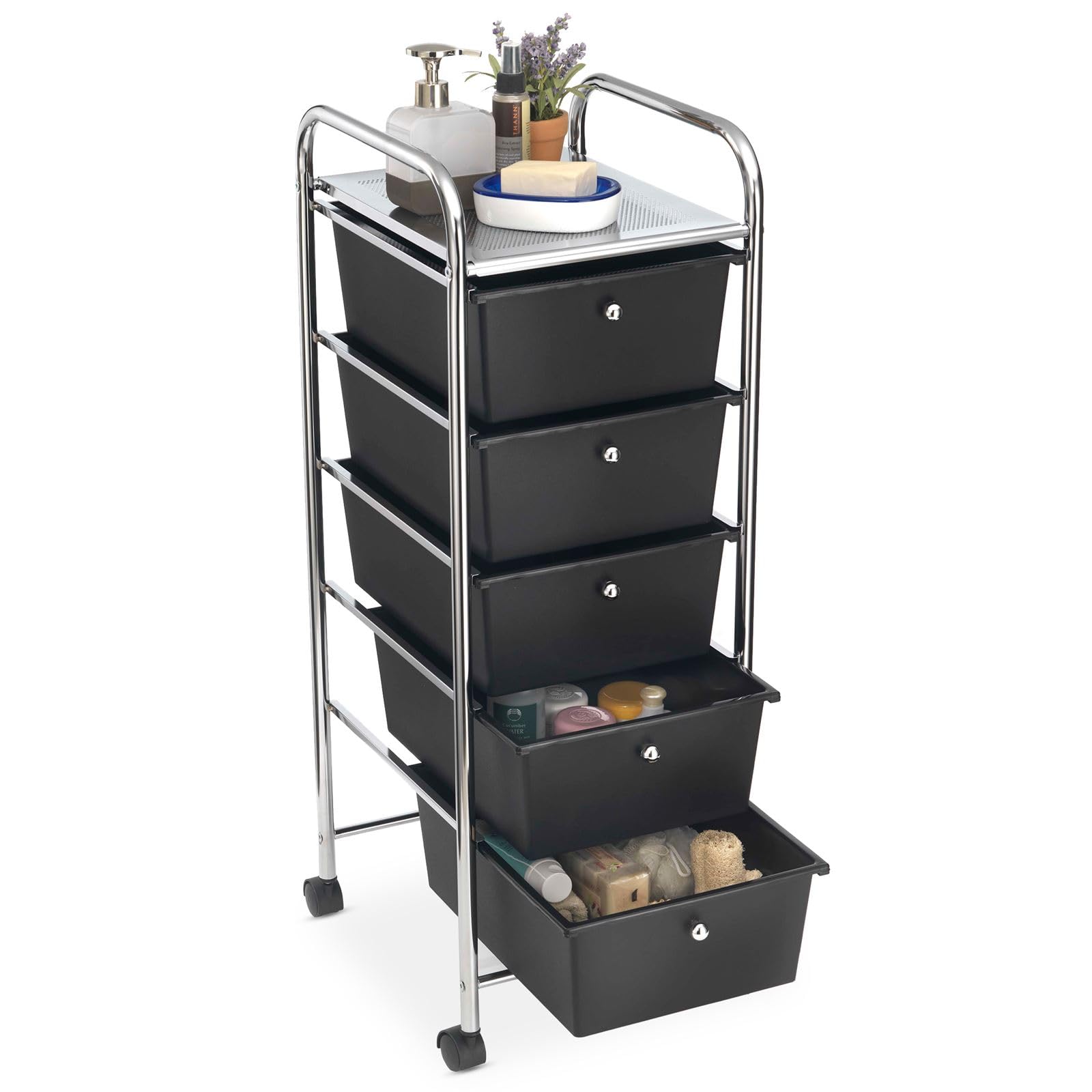 IDIMEX Caisson sur roulettes GINA Chariot avec 5 tiroirs en Plastique Noir et 1 étagère, Meuble de Rangement pour Salle de Bain en métal chromé
