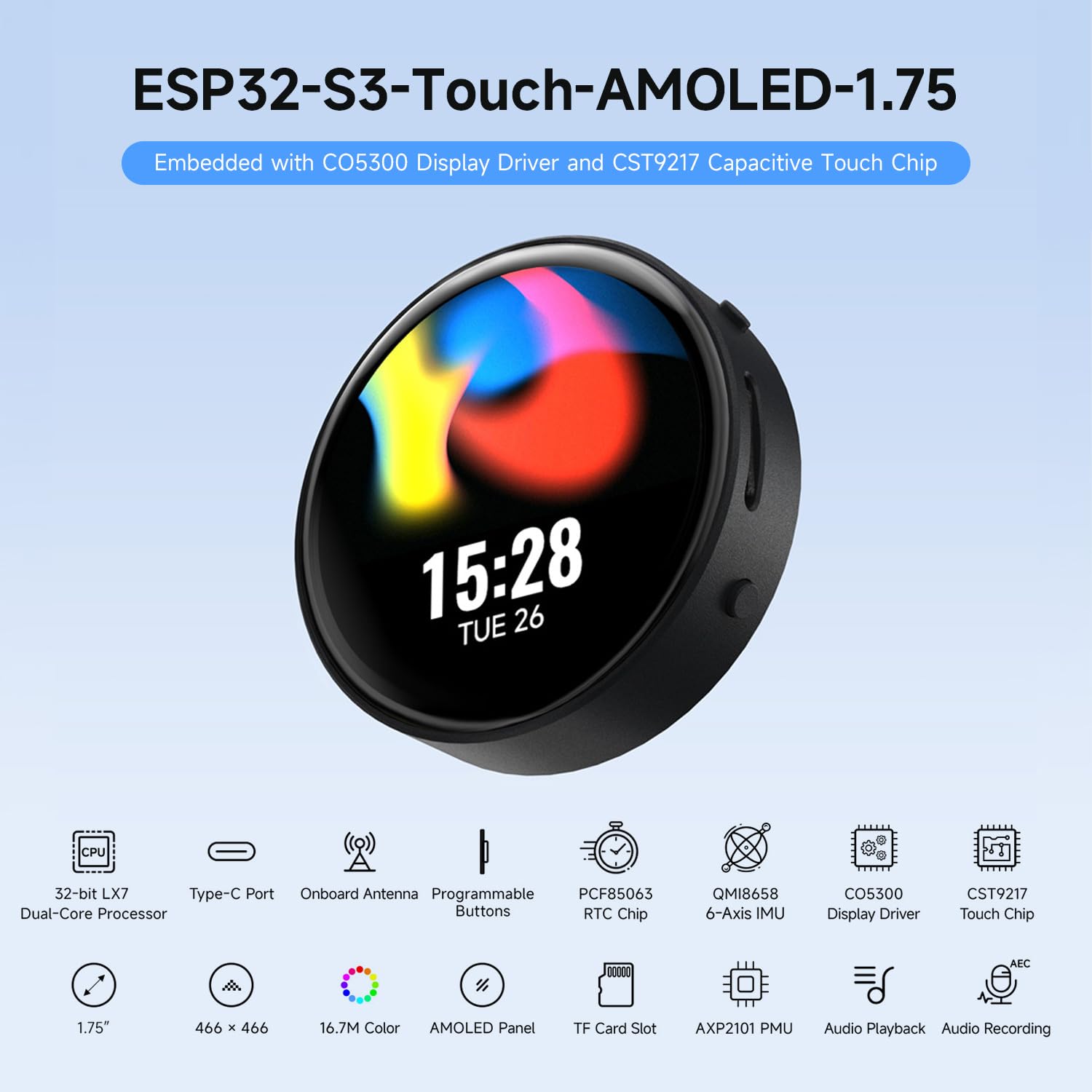 Waveshare ESP32-S3 1.75inch AMOLED Round Touch Display Development Board(GPS Version, No Case), 32-bit LX7 2-Core Processor, 466x466, QSPI Interface, 2 Digital Microphones Array, ESP32 with Display