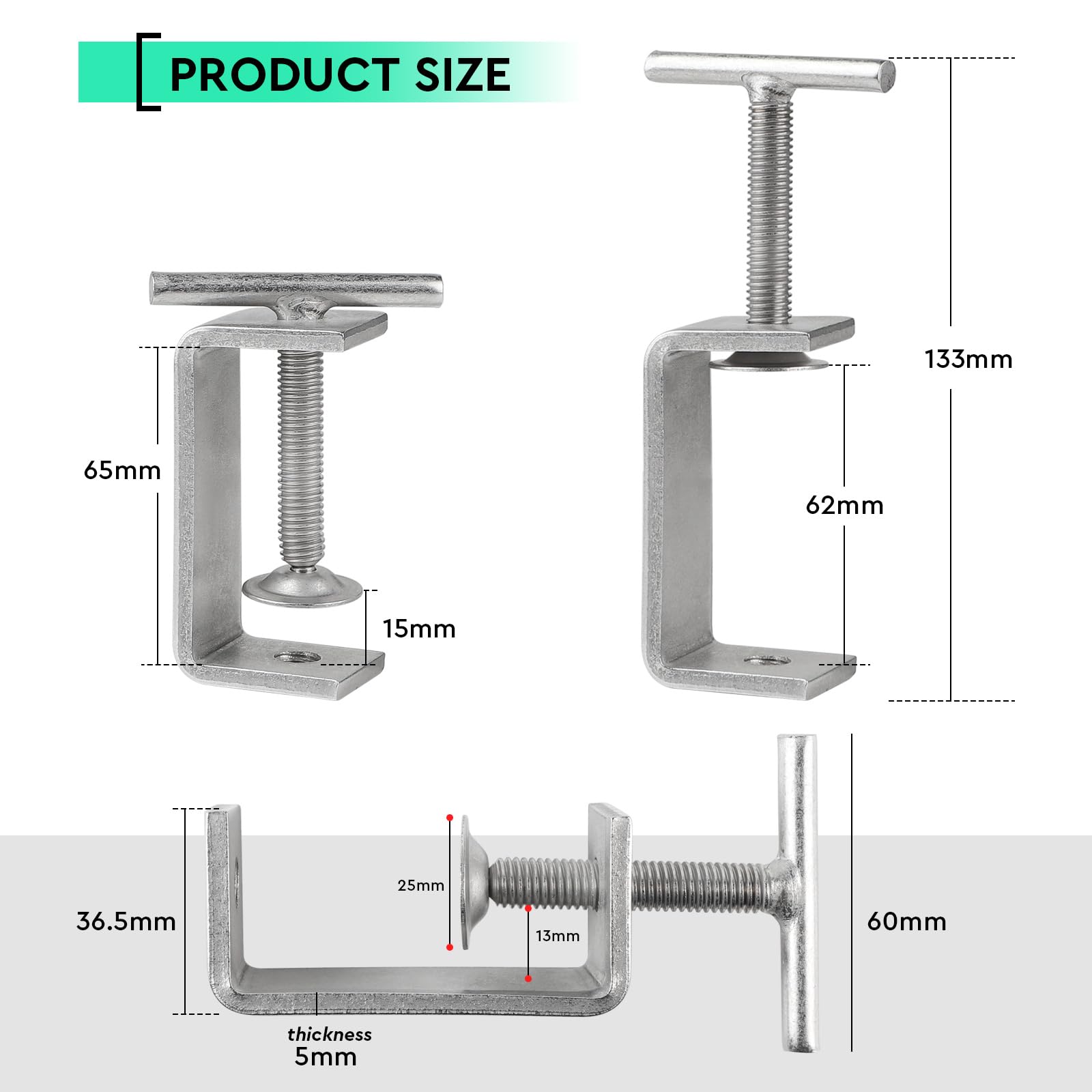 EXLECO 4er 15-60mm C Klemme Edelstahl C Zwingen Schraubklemme Trägerklemme Fixierzange Tischklemme Trägerklammer Befestigungs Klemme für Holzarbeiten Schweißen Tischlerei Einstellbar Kieferöffnungen