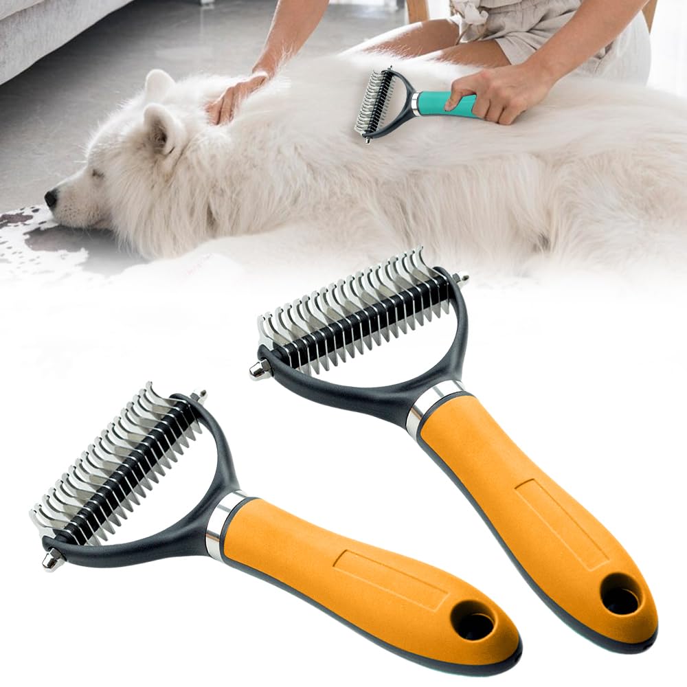 Deshedding Brush for Dogs and Cats, 2026 New Double-Sided Self-Cleaning Pet Grooming Brush, Dematting Tool Removes Knots, Loose Undercoat, Mats for Long & Short Hair Fur (Orange x 2)