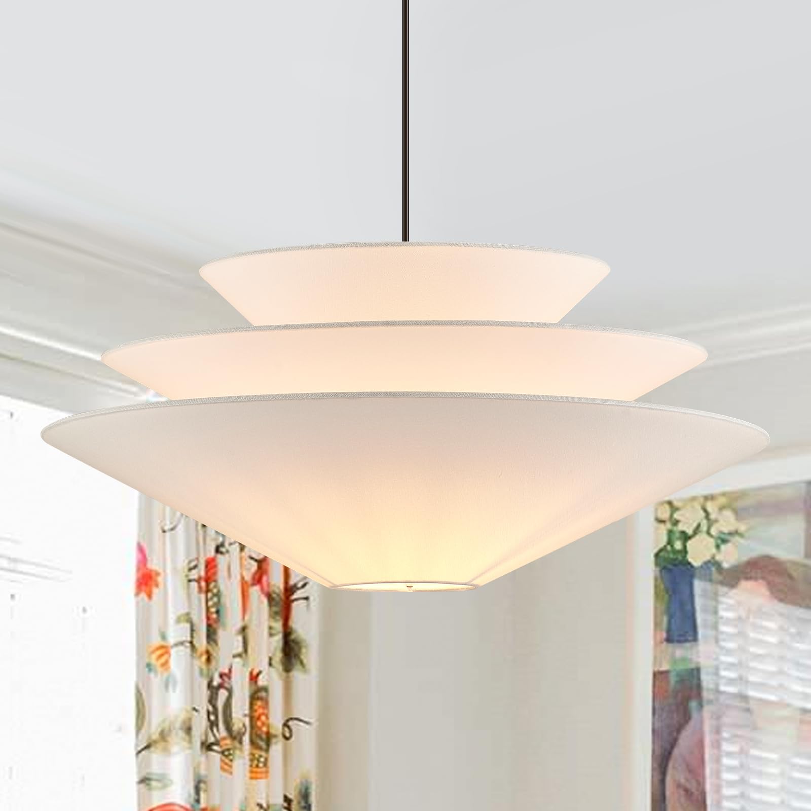 Photo 1 of ELYCCUPA 24” Large Off White Linen Fabric Pendant Light 3-Layer Modern Chandelier Adjustable Industrial Pendant Lighting Fixtures for Kitchen Island Dining Room Entryway, UL Listed