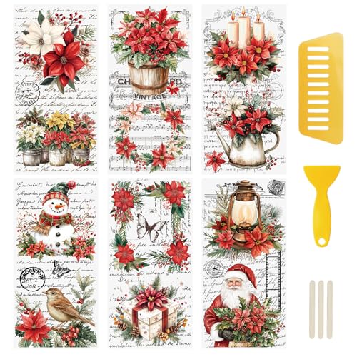 WANDIC 6 Sheets Christmas Flowers Letter Theme Rub On Transfer Sticker