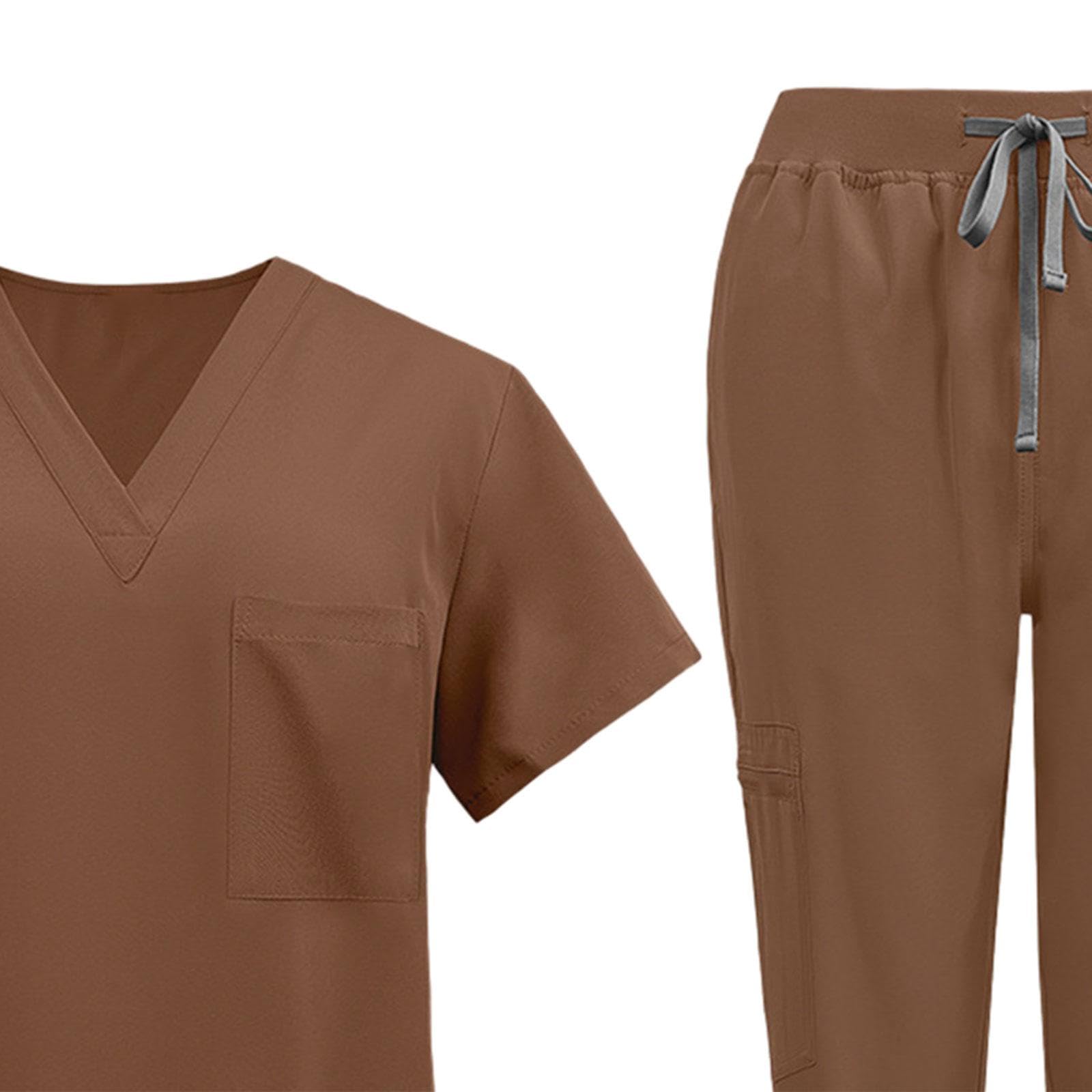 Pflegeuniform Damen Berufsbekleidung Arbeitsanzug Oberteil Hose Polyester Leicht mit Kurzarm Und Hosentaschen für Personal Tierpfleger W, braun, xl